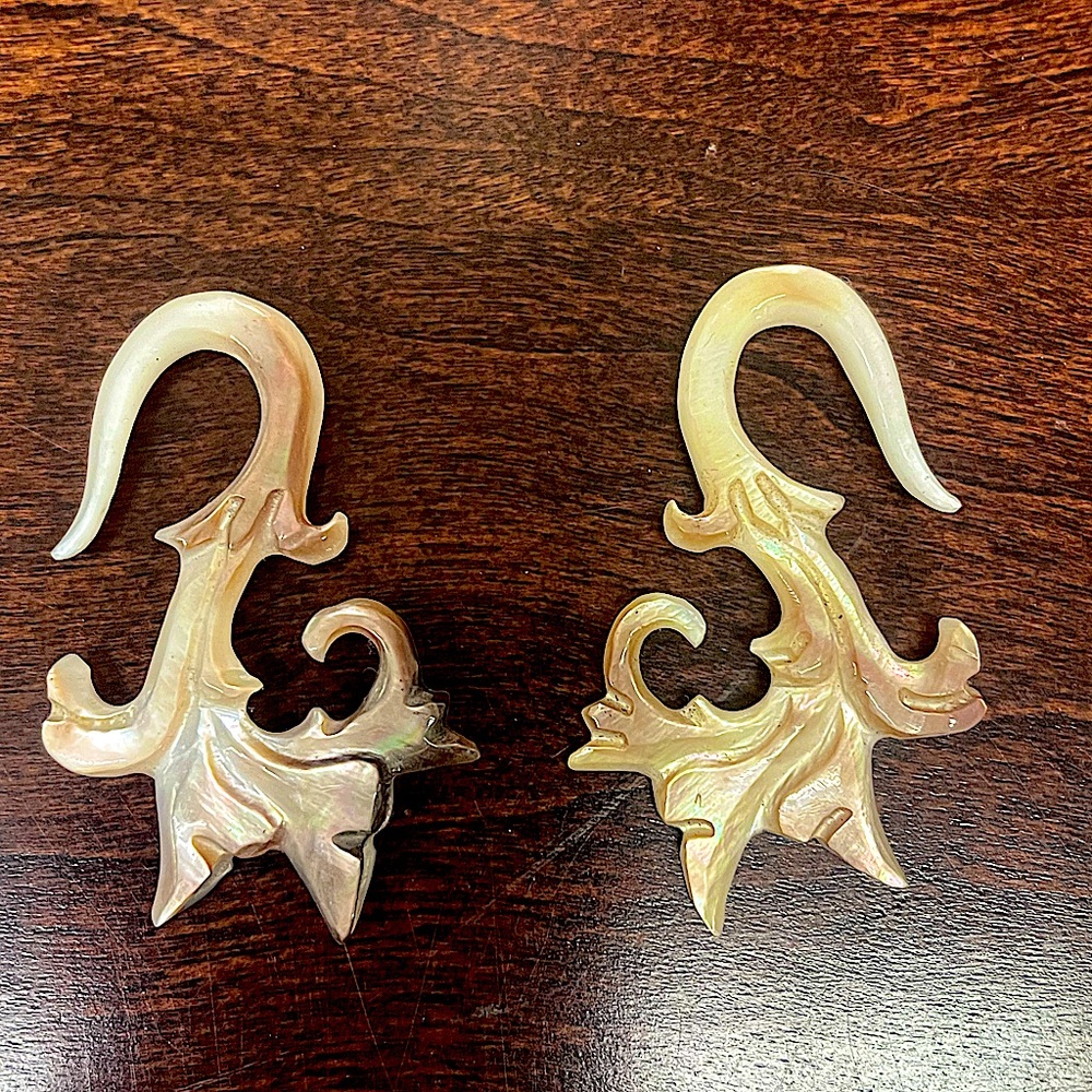 Tawapa Mother of Pearl Hand-carved Hook 6 Gauge/4mm Earrings Reversible Styles